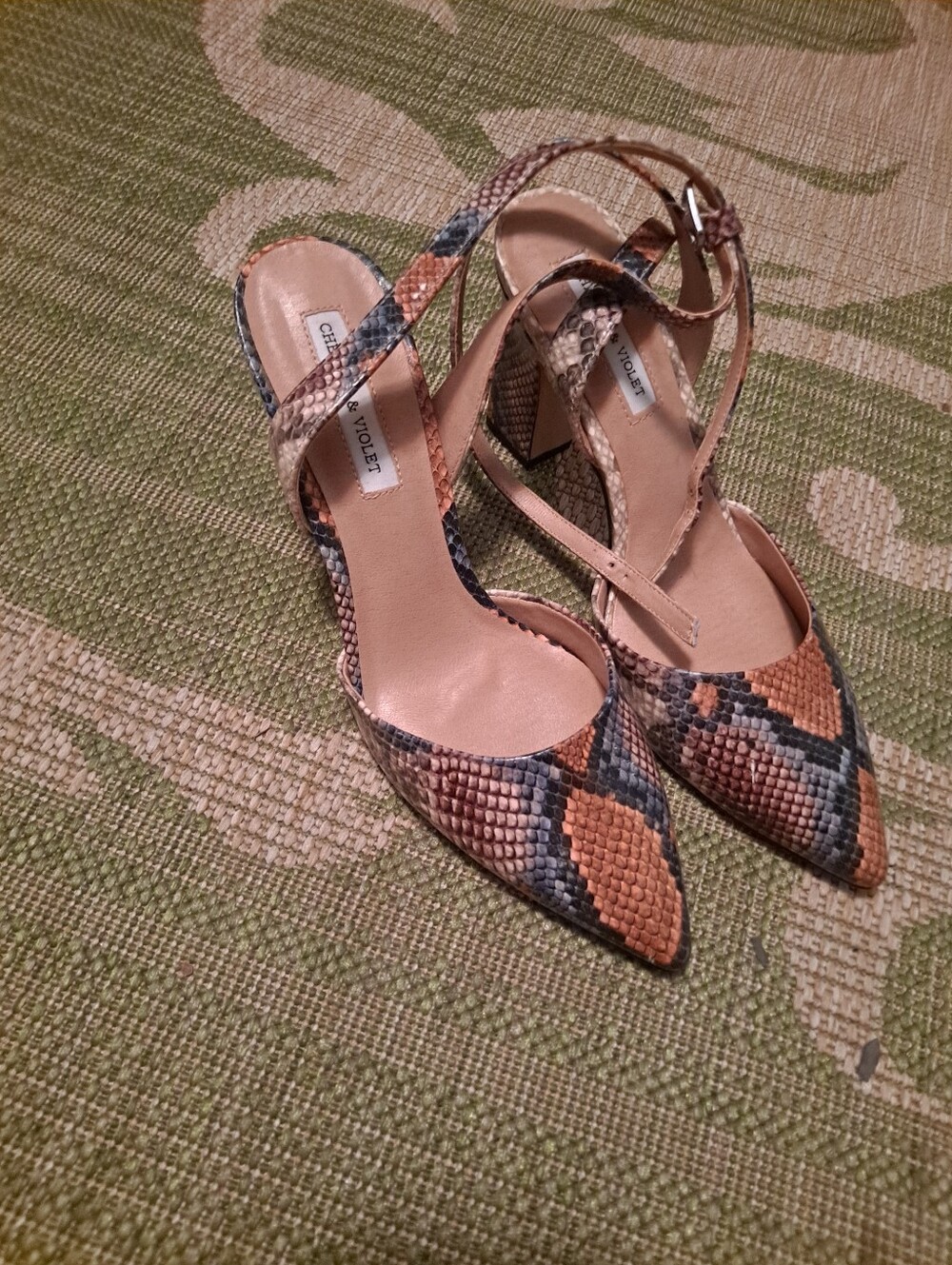 Chelsea & Violet Snake-Print Pointed Slingback Heels in Brown and Black